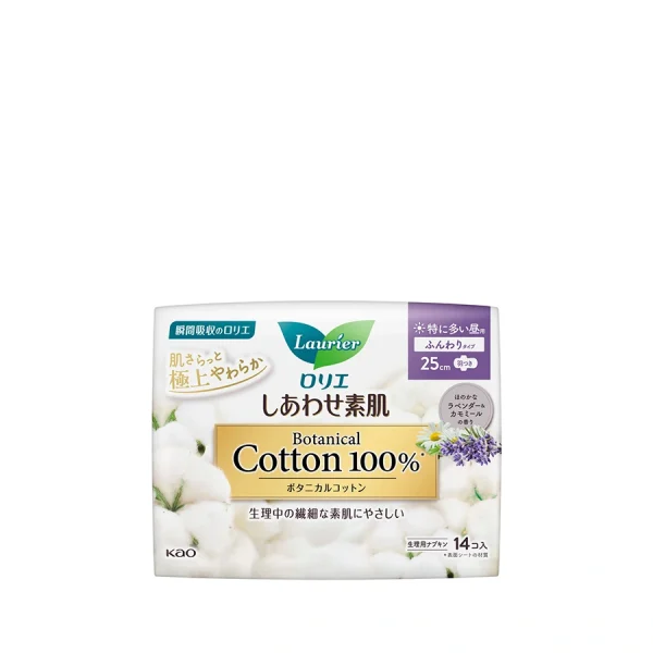 KAO Laurier Shiawase Sokuhada Botanical 100% Cotton For Particularly Heavy Daytime Use, 25 Cm With Wings 14 Pcs